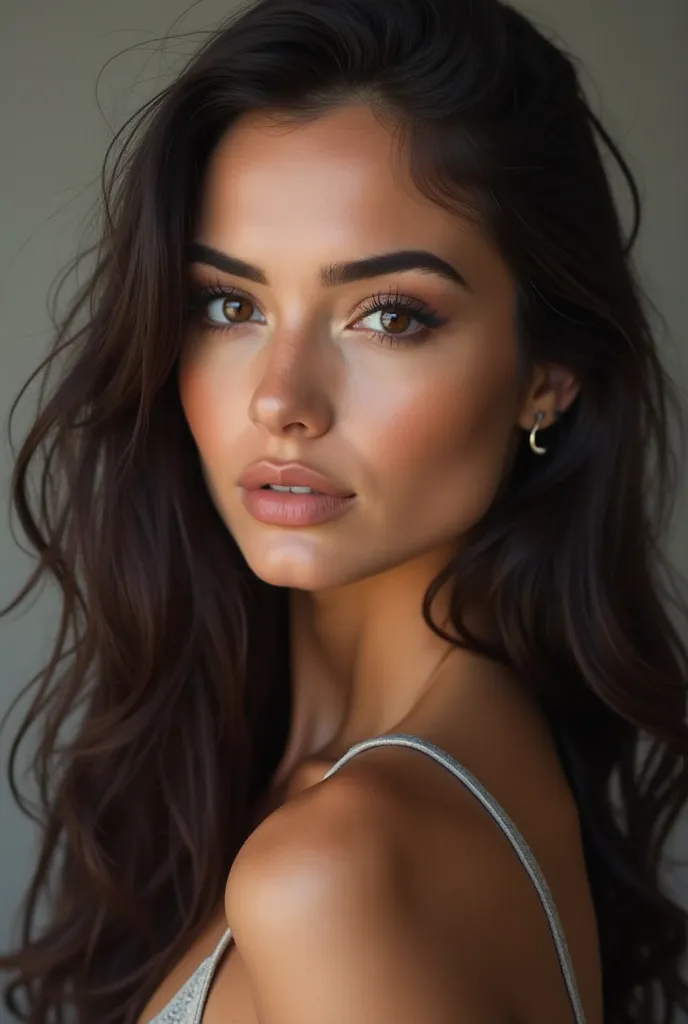 Create an image of a stunning brunette model with distinctive and unique facial features. She should have long, dark hair and a captivating expression, with a perfect blend of elegance and charm. Her eyes should be striking, and her facial structure should...