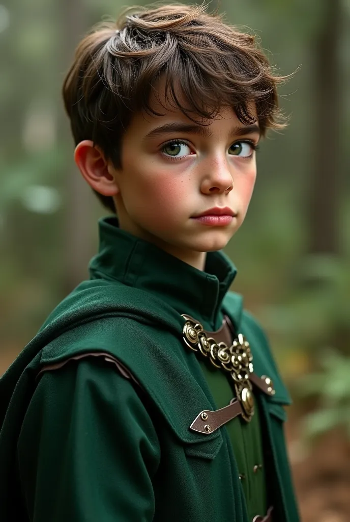 Photorealistic, Noble Heir to Game of Thrones. small and slender boy,  almost a ager , but due to his maturity and seriousness he seems much older. He is short and slender, with unusually deep green eyes. He wears green clothing