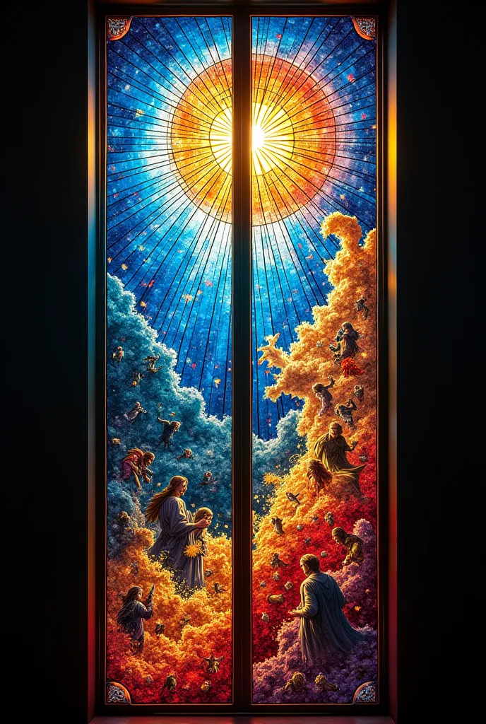 Design a stunning stained glass artwork inspired by the parables of Matthew and the Apocalypse, intended to be divided into three panels that can be mounted on glass doors, with a Samwise-inspired blast of colors and intricate details, showcasing majestic ...