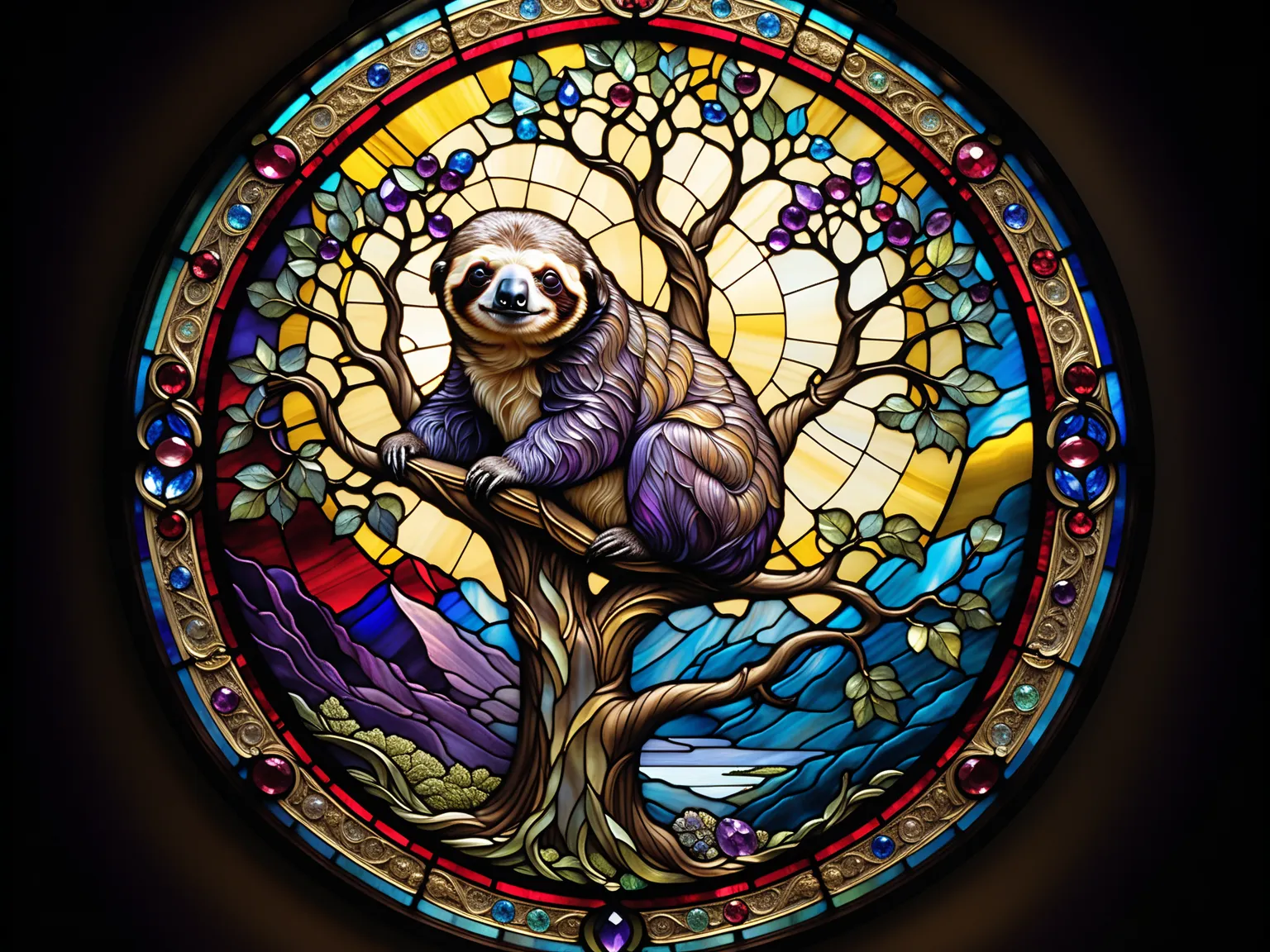 Three primary colors , like the movie,  stained glass sloth, A sackerel hanging down a tree, Baroque, Claora, Highly Detailed Stained Glass, amethyst crystal, Iridescent Labradorite Crystals,  Andy Kehoe , John Blanche, intricate and highly detailed backgr...