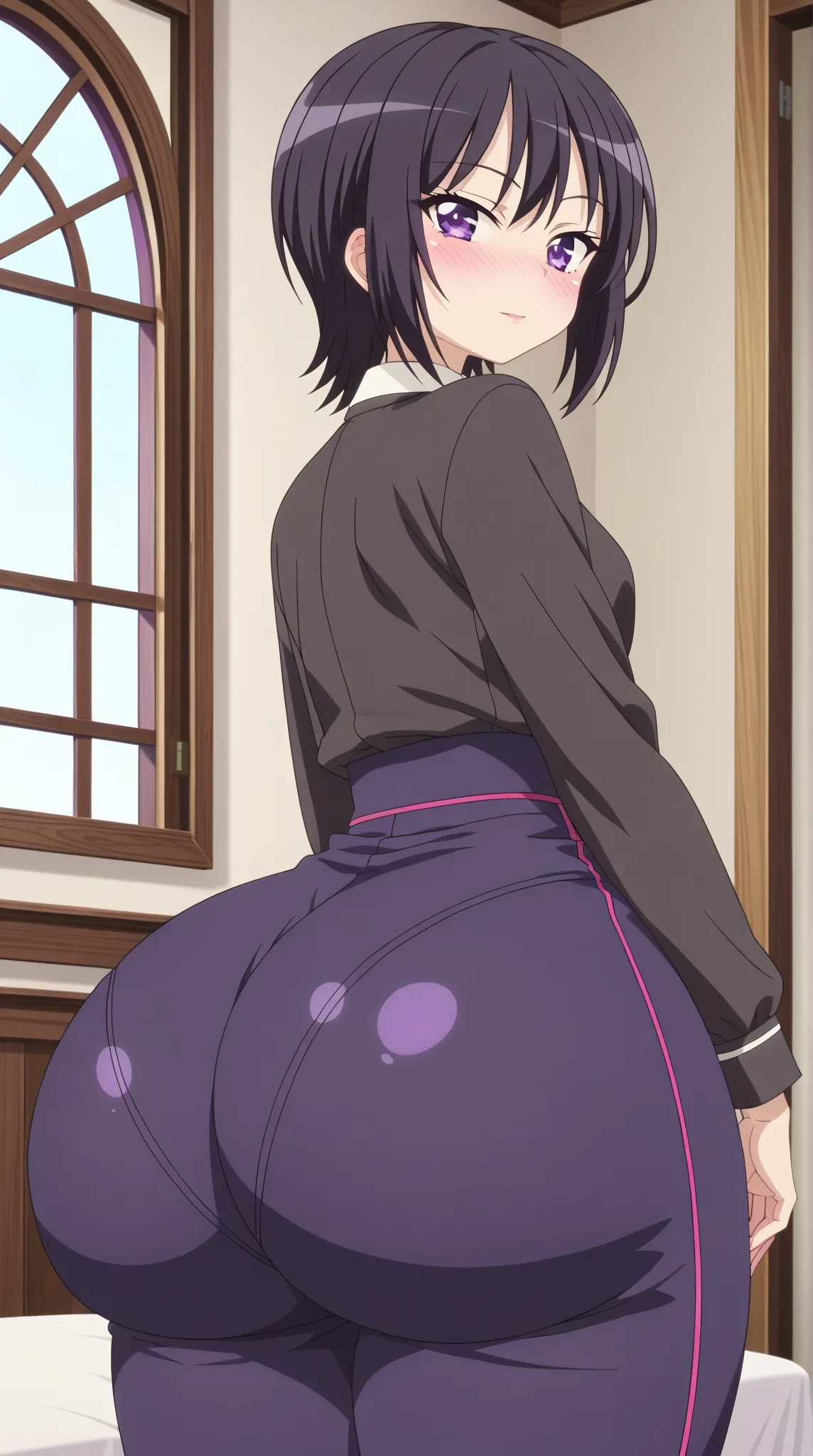 (UHD, retina, masterpiece, accurate, anatomically correct, super detail, high details,   highres,anime screencap, anime coloring:1.3)、(yozora_haganai:1.3)、(short hair, black hair, purple eyes:1.3)、(Gigantic ass、tight waist、thin waist、wide hips、slim、thick a...