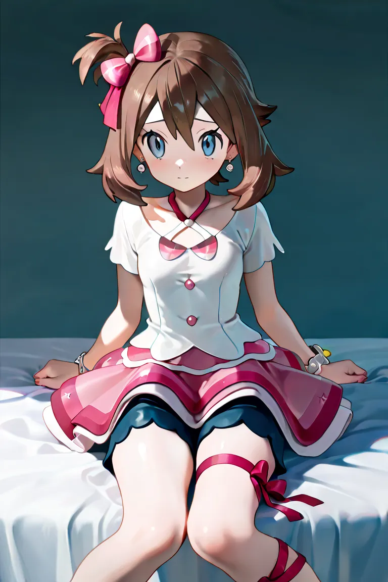 NSFW,masterpiece,Top Quality,High Resolution,very detailed,Haruka\(Pokemon),brown hair、brown hair、 one side up、hair bow、earrings、blue eyes、chest、idol costume、halter neck、white shirt、Short sleeve、bracelet、button、abdomen、pink skirt、shorts under a skirt while...