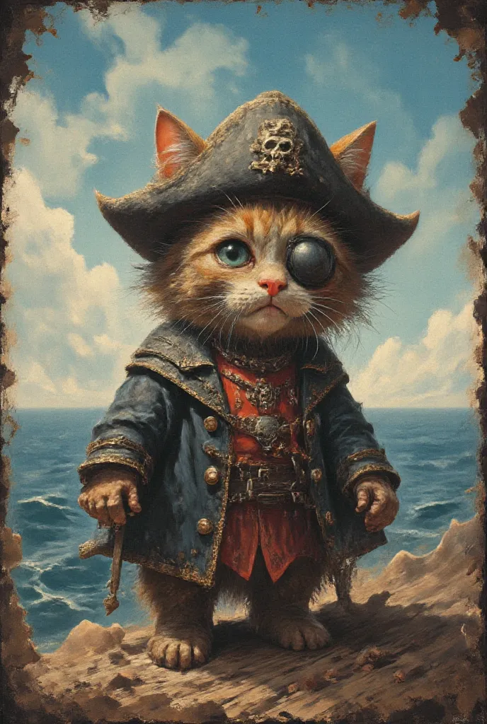 a antropomorphic tiny little black/orange striped baby cat with, wearing pirate clothes, pirate hat, with an eye patch, he is on a pirate ship, sea in the background
