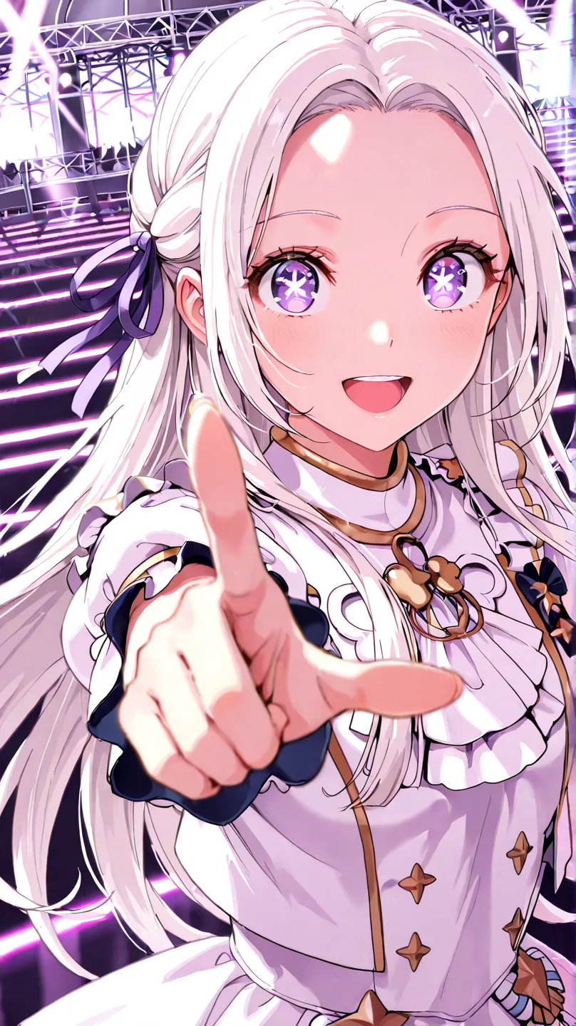 masterpiece, best quality, 1girl, solo, dfltedel, long hair, half updo, white hair, sidelocks, purple eyes, big eyes, symbol-shaped pupils, hair ribbon, purple ribbon, pure White idol clothes, upper body, pointing, looking at viewer, smile, open mouth, hap...