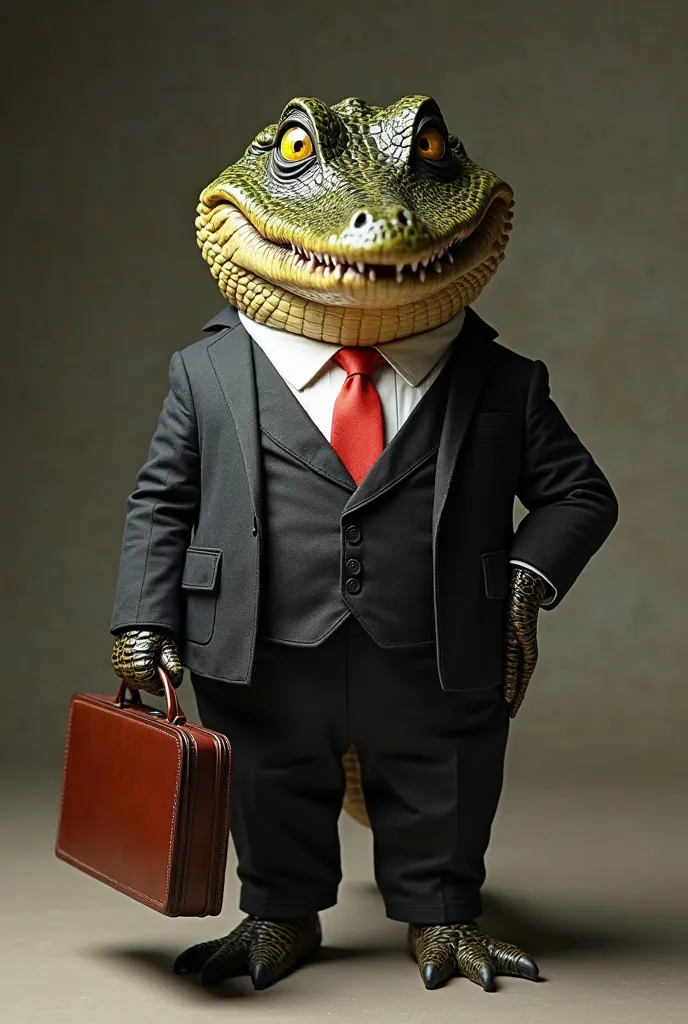 A realistic miniature of an alligator standing on two legs, wearing an elegant black suit with a white shirt and red tie. He holds a brown leather briefcase in his right hand, conveying the image of a confident businessman. His skin is detailed with textur...