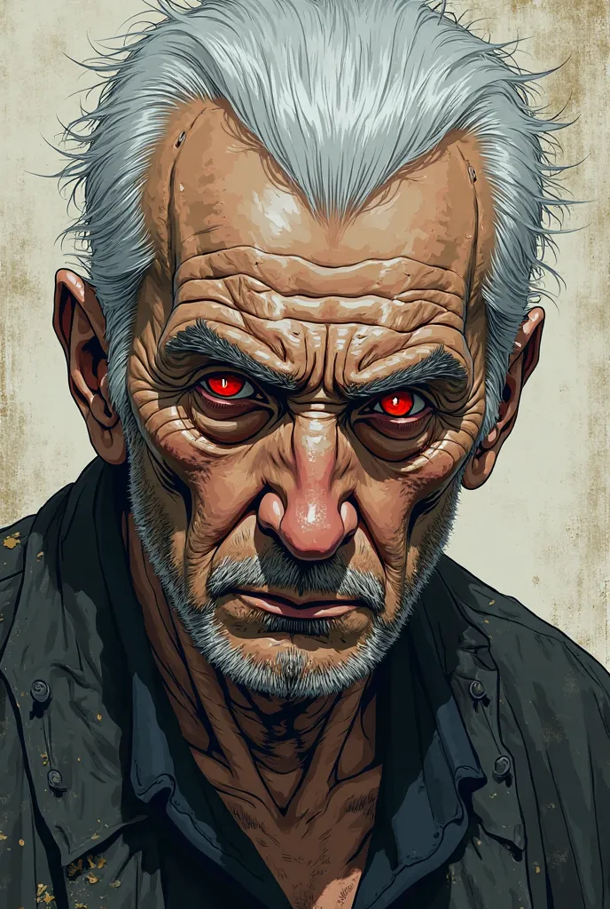 Create an image of an adult white-haired man, red eyes and an appearance that carries pain. The image should look like a manga
