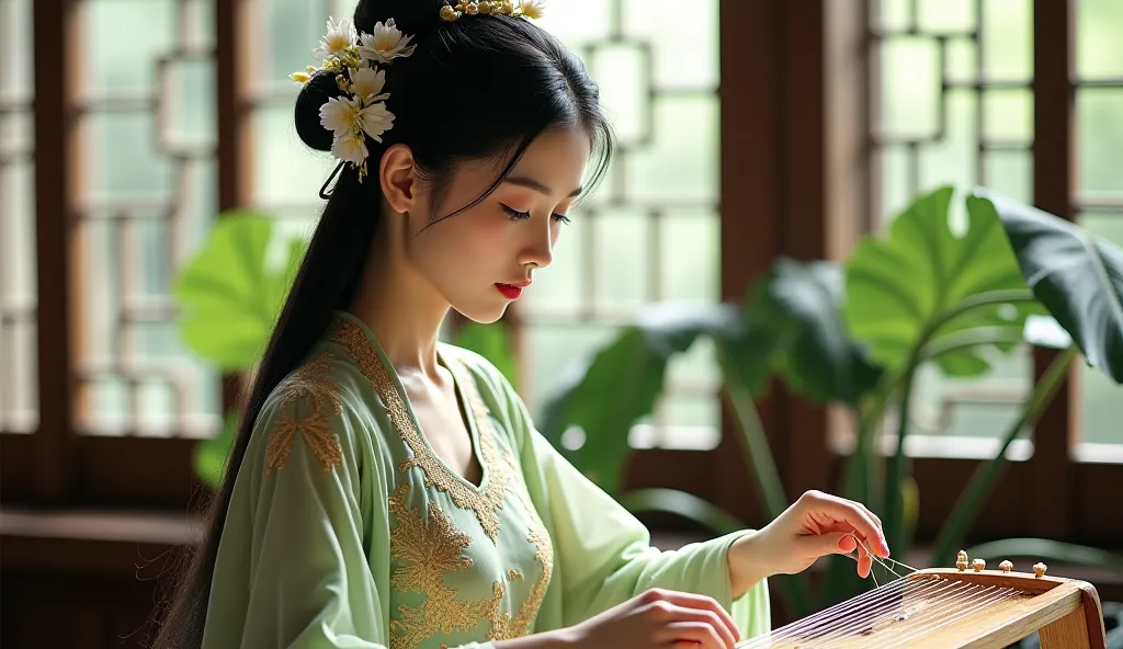 A very sexy graceful young woman with long, dark hair styled in an elegant updo, adorned with delicate white flowers,, traditional Chinese outfit, playing a guzheng in a serene, classical setting. She wears a flowing, ornate dress in shades of green and go...