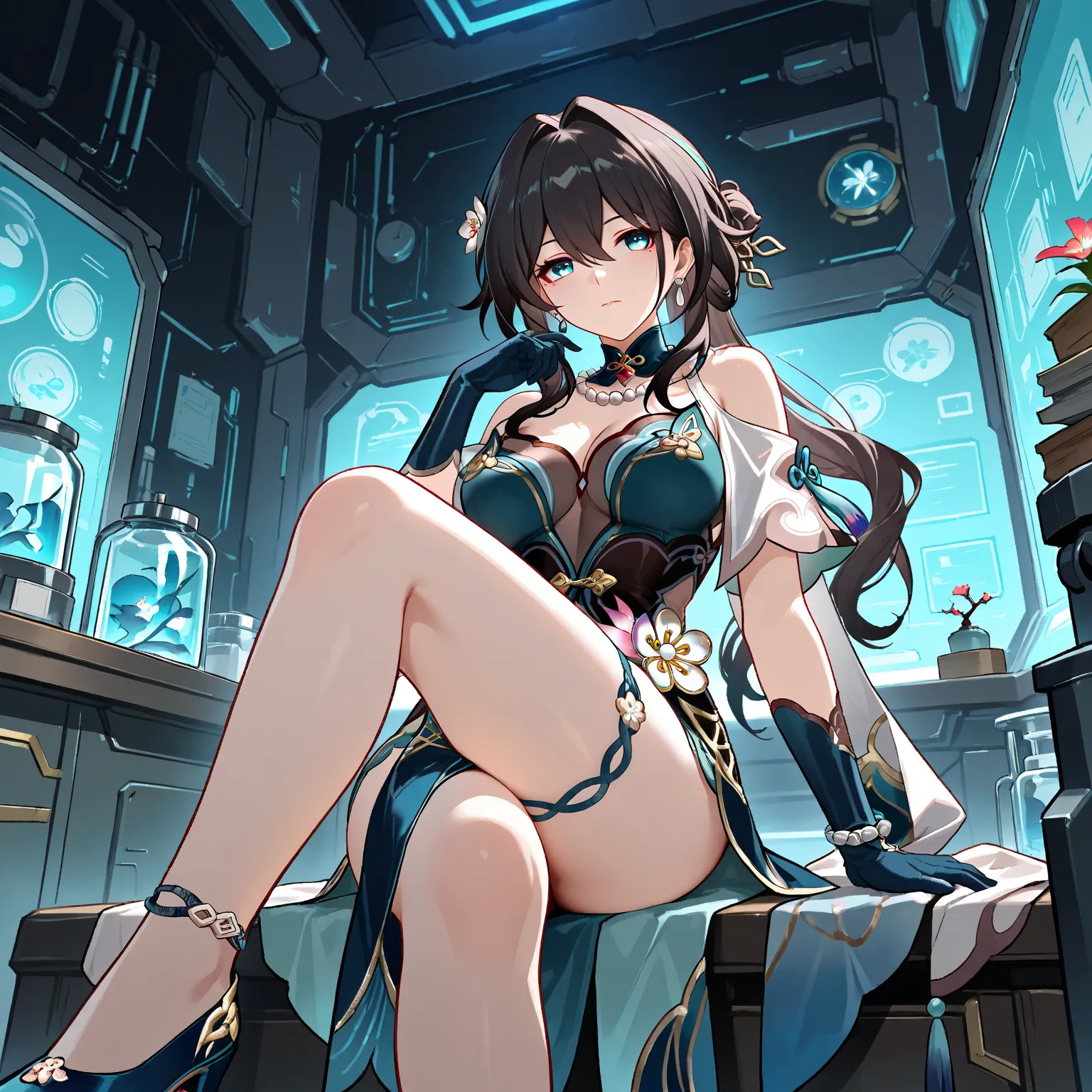 Ruan mei (honkai star rail), masterpiece,high quality,anime style,best quality, high definition, 1girl, dress, cleavage, closed mouth, flower, hair ornament, jewelry, bare shoulders, mature female, black hair, thighs, blue gloves, thigh strap, necklace, bl...