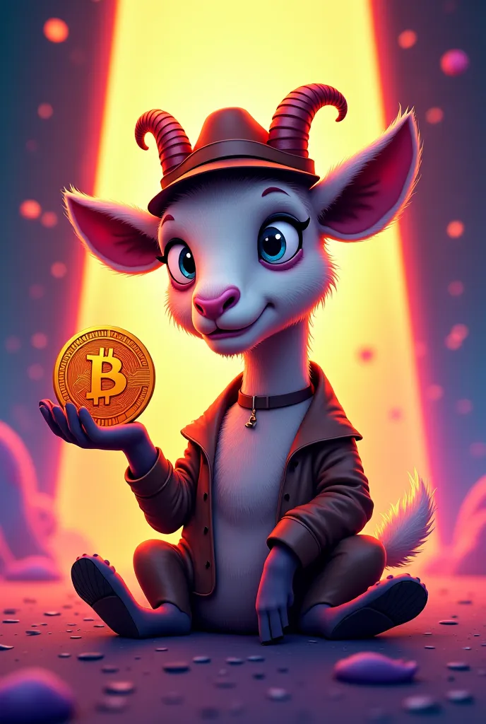 Goat cool cartoon sitting illuminated hat holding coin with btc inscription in hand