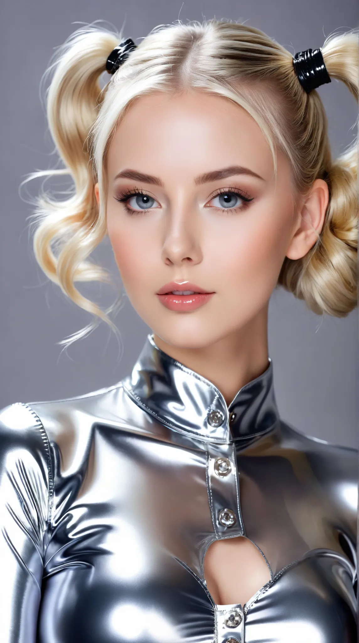 beautiful and very pretty, young woman in shiny silver metallic latex blouse, Latex blouse buttoned up, Latex blouse transparent, playful, soft, very busty, slim waist, detailed perfect face, pretty platine blonde light hair, hello smooth hair, well-groome...