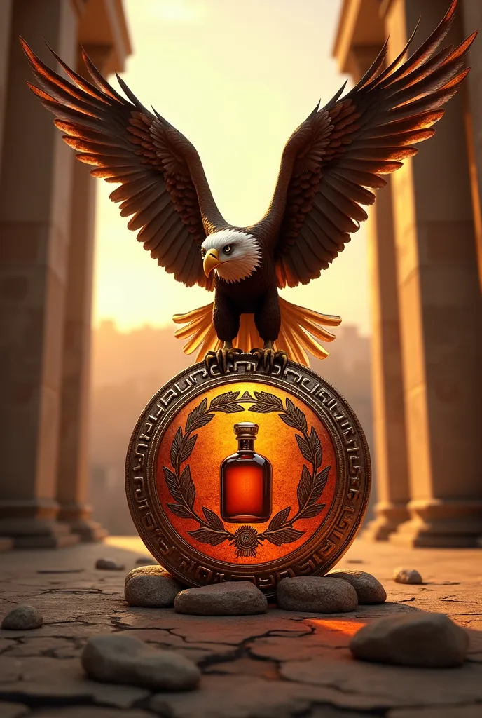 A round logo representing a bottle of rum in front of a majestic eagle. The background should represent Ancient Rome 