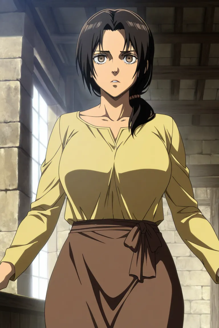 Attack on Titan, black hair, carla yeager, wearing yellow shirt, long sleeves, brown skirt, Anime Coloring, mature female, masterpiece, high quality, high image quality, detailed face, standing