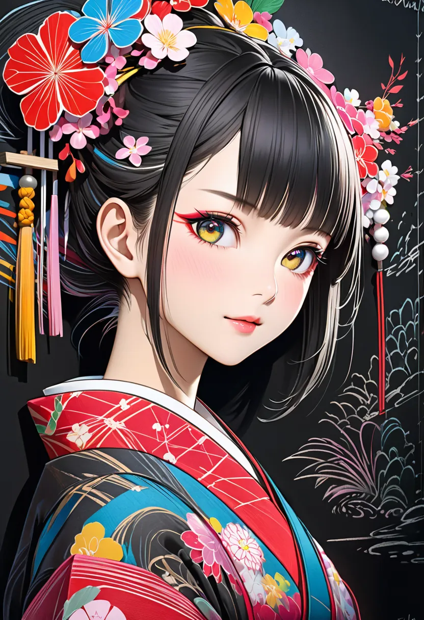 chalk art drawn roughly on blackboard, The texture of the chalk must be drawn with thick strokes that are easy to understand, A vibrant chalk art portrait of a beautiful Japanese woman wearing an elegant traditional kimono, The portrait is drawn on a black...