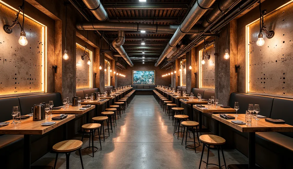 Create an industrial sci-fi restaurant with a rugged yet futuristic aesthetic. Exposed steel beams, concrete surfaces, and metallic textures define the space. Walls feature large riveted panels, illuminated with embedded LED strips for a high-tech feel. Th...