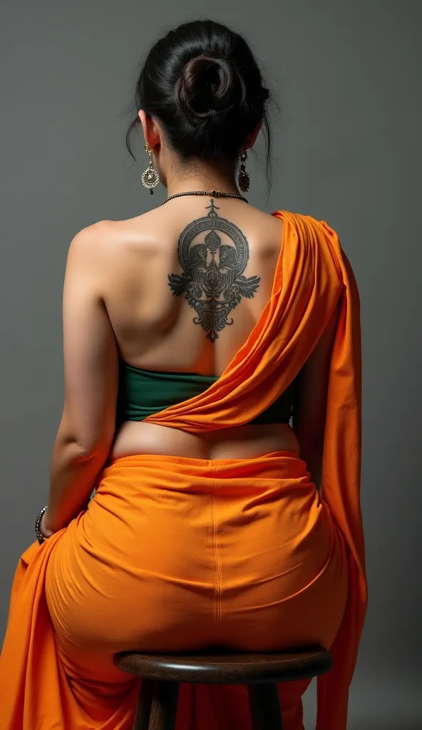 Woman in saree curvy body back less saree , sitting on stool curved arc , pic from behind , full back close , no face ,small waist , wide muscle upper back , big ass , tattoo of om in neck, curved back , bended back while sitting, muscular body 