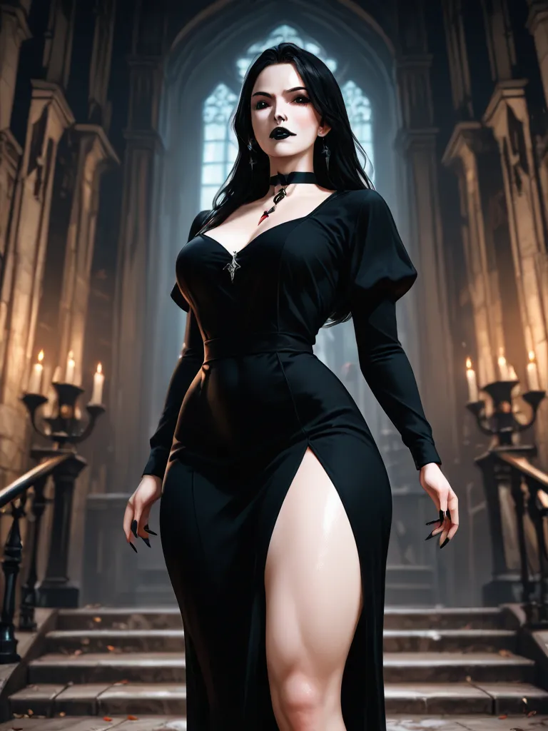 a vampire with big thighs wearing a short black dress and a black lipstick and black hair in a castle