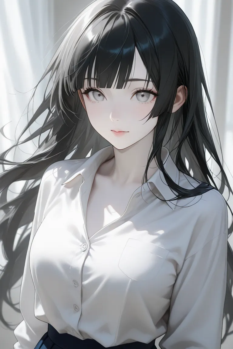 A beautiful girl with Asian features. She has very dark black hair, straight bangs, flowing hair, very light and very white skin, very light gray eyes and her body is slightly lean. She wears a shirt with 3 buttons open and wide. Her skin is very white. He...