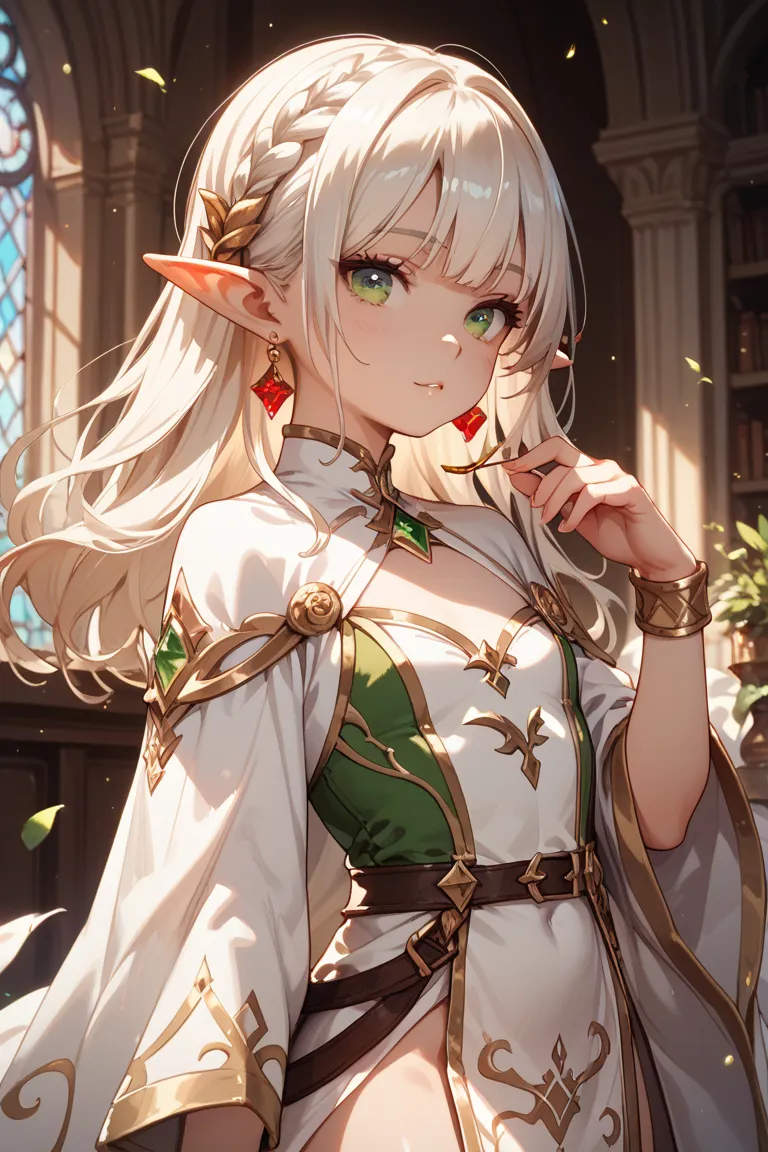 White twin-tailed hair, elf, green eyes, small chest, short, red earrings, white clothes, gold trim, wizard