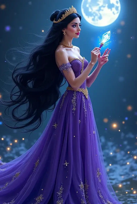 
1. The charming princess:
. A woman with long black hair that shines under the moonlight, wears a long purple silk dress decorated with gold sequin. Her eyes are dark violet, surrounded by a halo of magical light. holds a crystal wand that glows with blue...