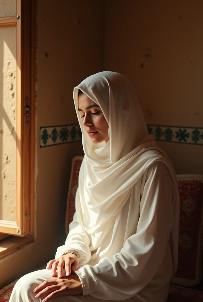 Ultra-realistic cinematic portrait of a young Arab woman in a simple yet elegant white hijab, sitting near a wooden window as soft sunlight filters through. Her eyes are lowered in shyness, a faint blush on her cheeks as she listens to the news of her prop...