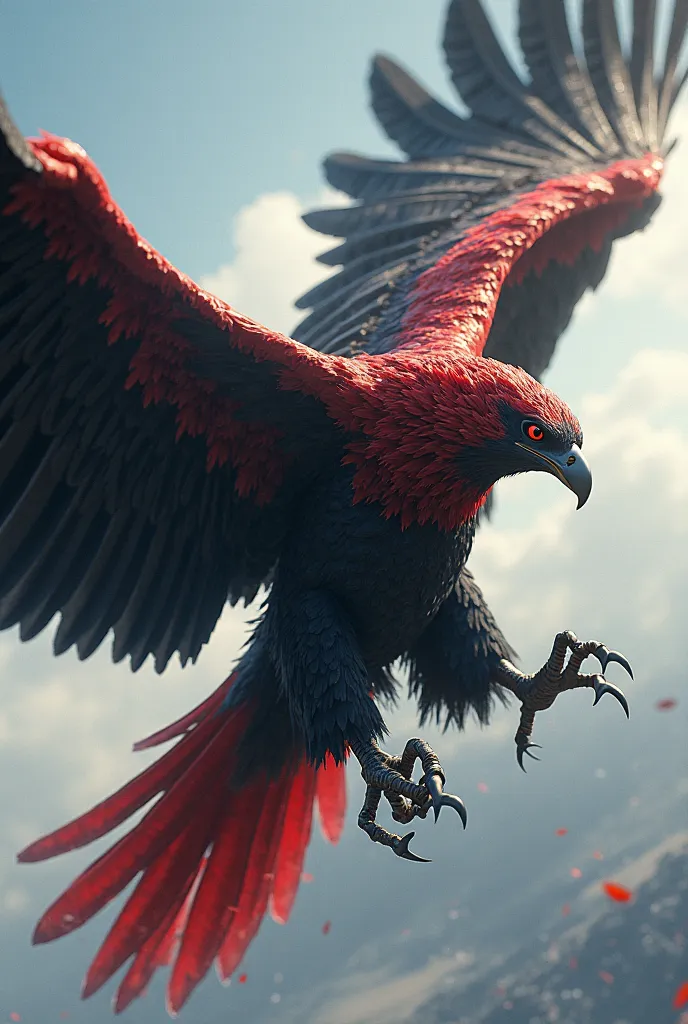 Create a fictional eagle, which is red and black more real and with less red(Only on the wings and head) Only black and red flying