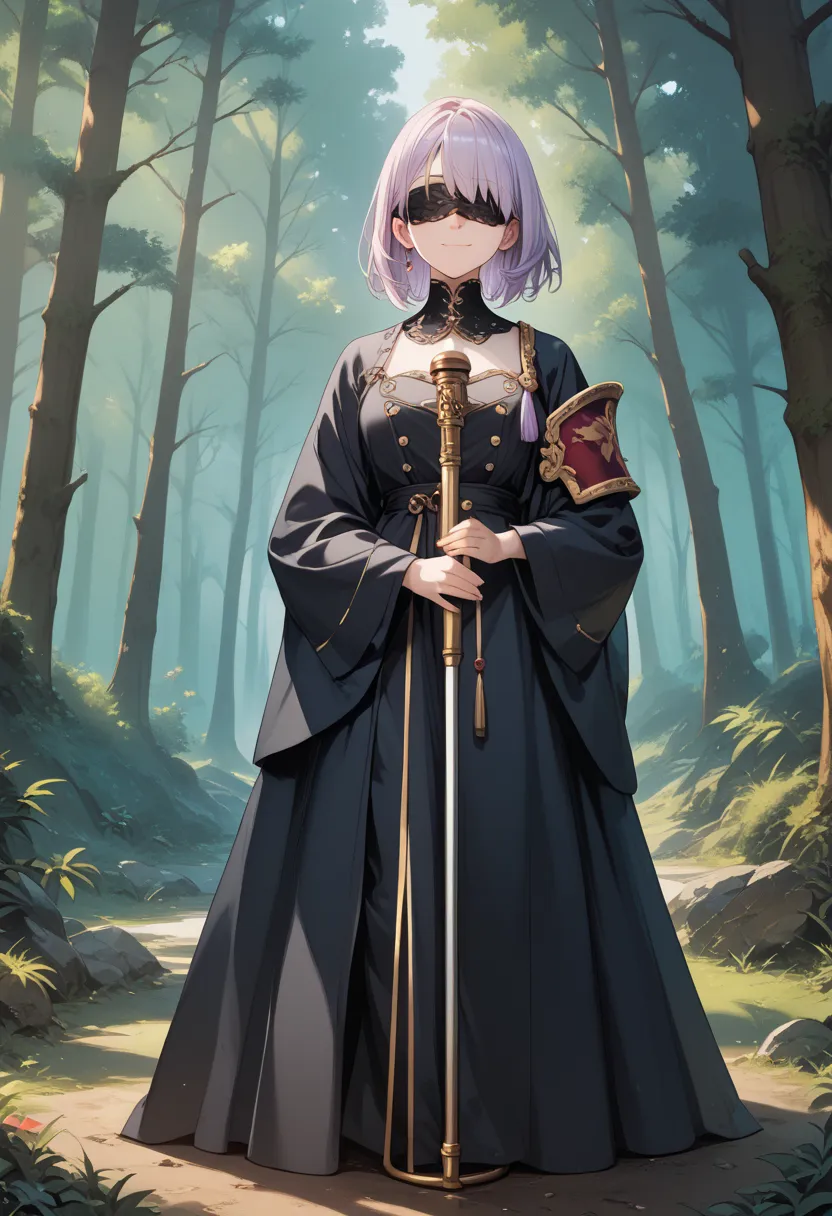 1 adult woman, (standing up straight), light smile, closed mouth, (light purple hair), medium hair, blindfold,
break
(black robe:1.2), ( Black Monastic Uniform), 1 metal cane, (using a metal cane:1.3), (full body:0.7), (from front), (Facing directly forwar...