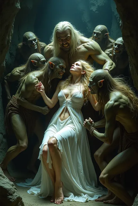 beautiful elf, Galadriel from the lord of the rings, in a torn short white tunic, bare legs, bare shoulders, blonde hair, sexy body, lies in the arms of a fat ugly goblin king, against the background of a dark cave, ugly goblins from aggressively grab her ...