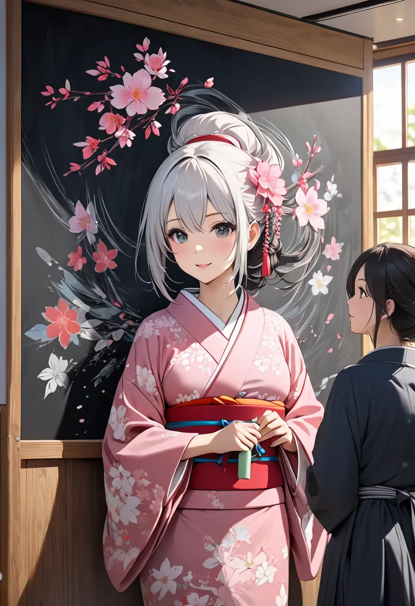 Classroom decorated with chalk art drawn on a horizontal blackboard, The texture of the chalk must be drawn with thick strokes that are easy to understand, The theme of the picture drawn on the blackboard is Fubuki Sakura and a beautiful woman in a kimono,...