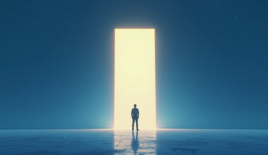 Minimalist digital illustration of a single man standing before a massive, glowing doorway floating in a vast, abstract blue space. The door emits a soft golden-white light, symbolizing opportunity and a bright future. The scene is sleek and futuristic, wi...