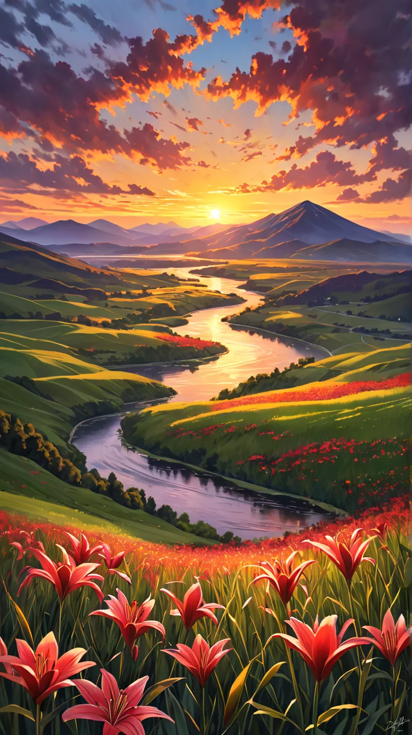 A breathtaking sunset landscape over a vast valley, with the sun casting a golden glow across the horizon. The sky is a blend of vibrant pink, orange, and purple hues, with dramatic, voluminous dark storm clouds rolling in from the side, illuminated by the...