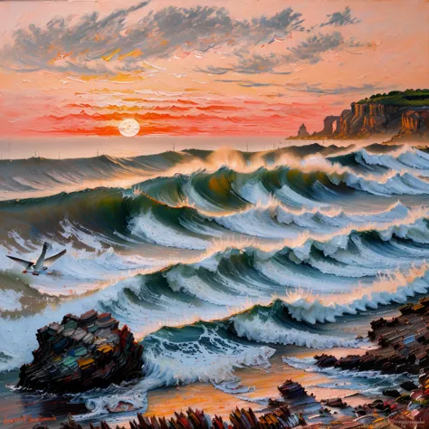 Handmade oil painting with impasto brushstrokes, dry brushing, revealing lower layers. A breathtaking sunset over a vast ocean cliffside, waves crashing against jagged rocks, the sky exploding with streaks of orange, crimson, and indigo, as seagulls dance ...