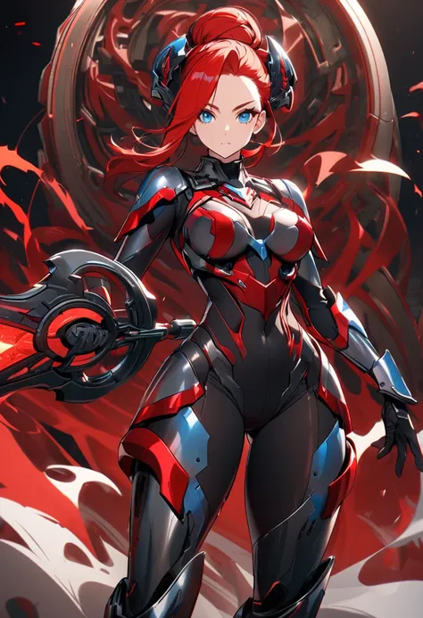 with fiery red hair tied back in a bun, striking blue eyes,She's holding a large, ornate, black and red weapon.  Dark, stylized, futuristic armor; black, glossy, high-tech body suit with intricate red accents and detailing that emphasizes her physique.  Sh...