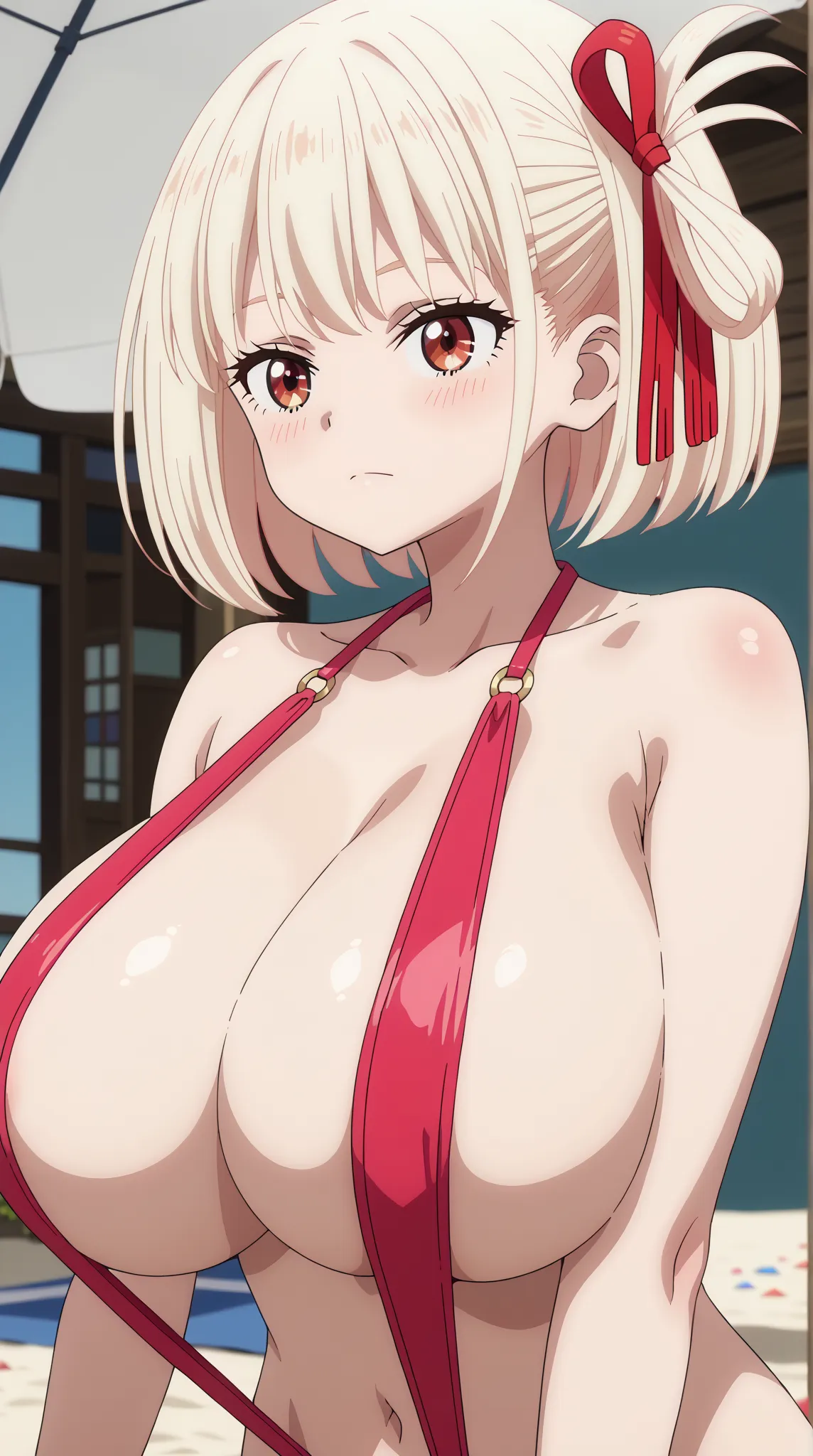 (UHD, retina, masterpiece, accurate, anatomically correct, super detail, high details,   highres,anime screencap, anime coloring:1.3)、(chisato nishikigi:1.3)、(short hair, bangs, blonde hair, red eyes, hair ribbon, one side up, bob cut:1.3)、(body blush:1.3)...