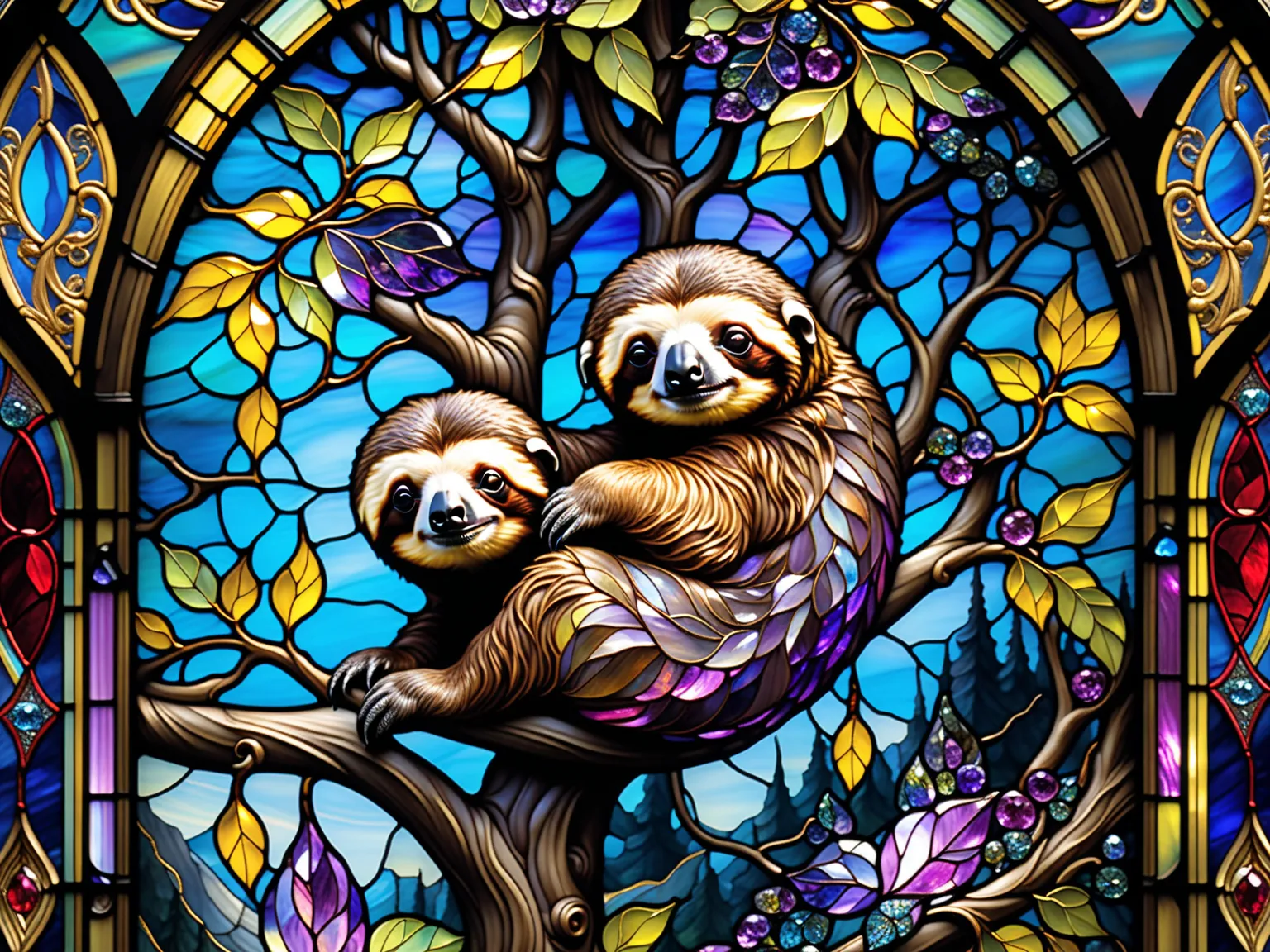 Three primary colors , like the movie, Stained glass sloth close-up, A sackerel hanging down a tree, Baroque, Claora, Highly Detailed Stained Glass, amethyst crystal, Iridescent Labradorite Crystals,  Andy Kehoe , John Blanche, intricate and highly detaile...