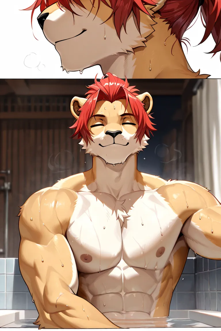 (masterpiece, 4K, ultra detailed) a lion furry, lion, furry, masculine, shirtless, smile, bath, sweat, closed eyes, close view, eight-pack, abs, wide body, muscular, ponytail, red hair, short hair, short haircut, alone, smooth lining, anime, lonely
