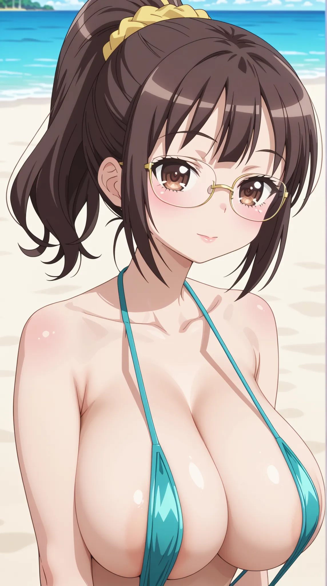 (UHD, retina, masterpiece, accurate, anatomically correct, super detail, high details,   highres,anime screencap, anime coloring:1.3)、(rika shiguma:1.3)、(brown hair, brown eyes, ponytail, glasses, scrunchie, yellow scrunchie:1.3)、(body blush:1.3)、(very gig...