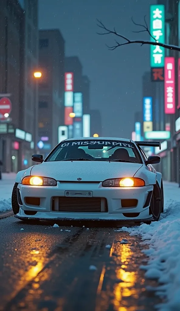 NISSAN SILVIA S15 in the snow white tuning with black tires yellow headlights in the city with neon behind dawn with a Chinese companion dressed in blue and big butt and bust, Black movie



Anime hd Depth of Field, cinematic lighting, 