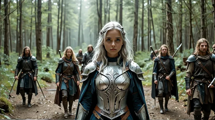 Create a warrior girl with smooth and long silver hair, blue eyes and dressed in medieval silver armor. in front of a fantasy forest in the middle of the night illuminated by the moonlight