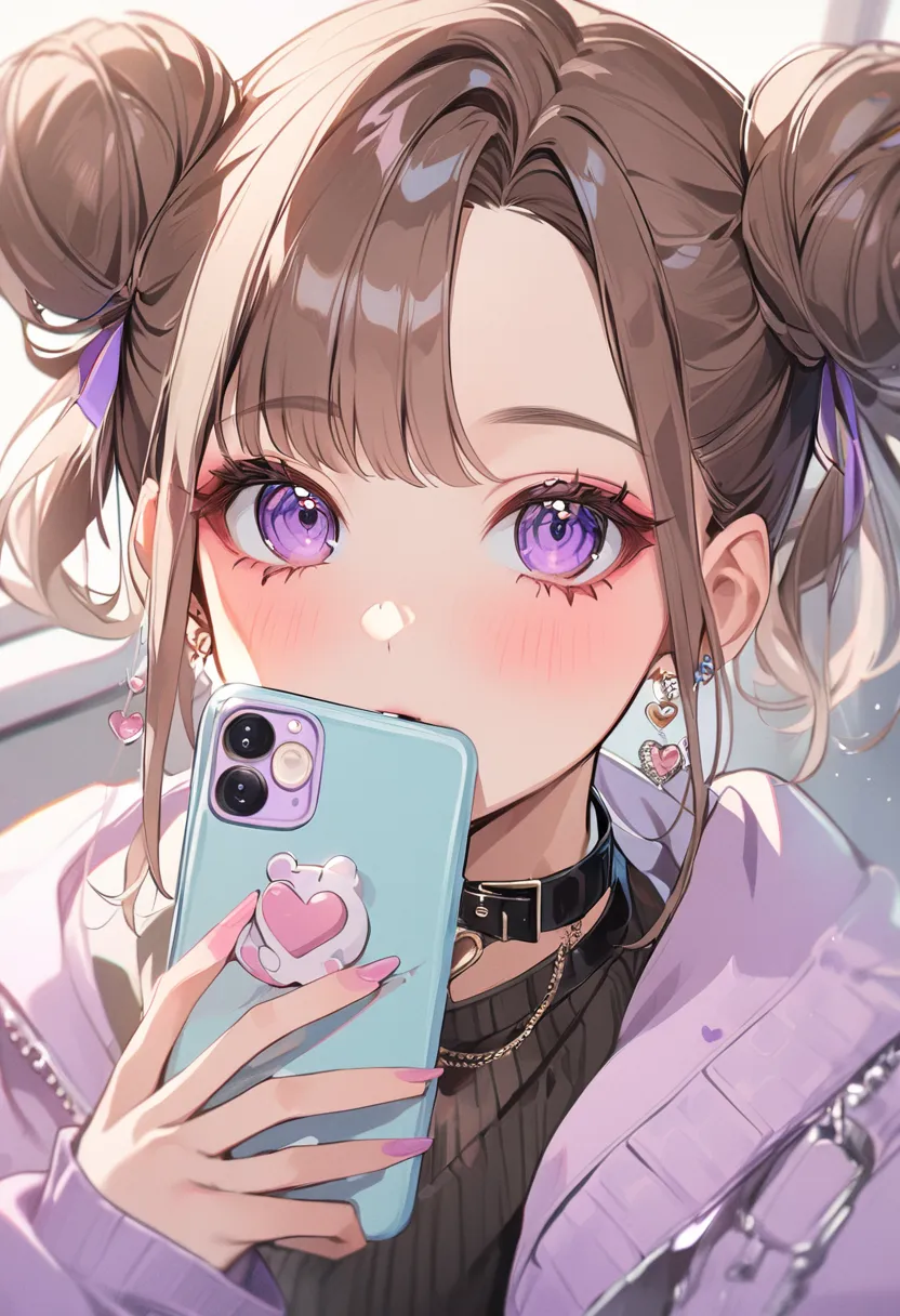 1girl, double_bun, phone, solo, hair_bun, brown_hair, cellphone, selfie, jacket, jewelry, purple_eyes, holding_phone, holding, heart, collar