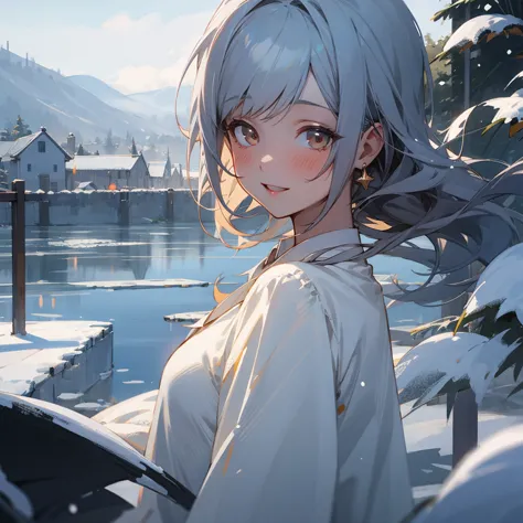 (extremely detailed CG,cute girl), (albino), [Upper body, Happy, Despair], (Idol, Idol outfit),  Lakeside, Village, Stunning view, Fog, Snow scene, American comics