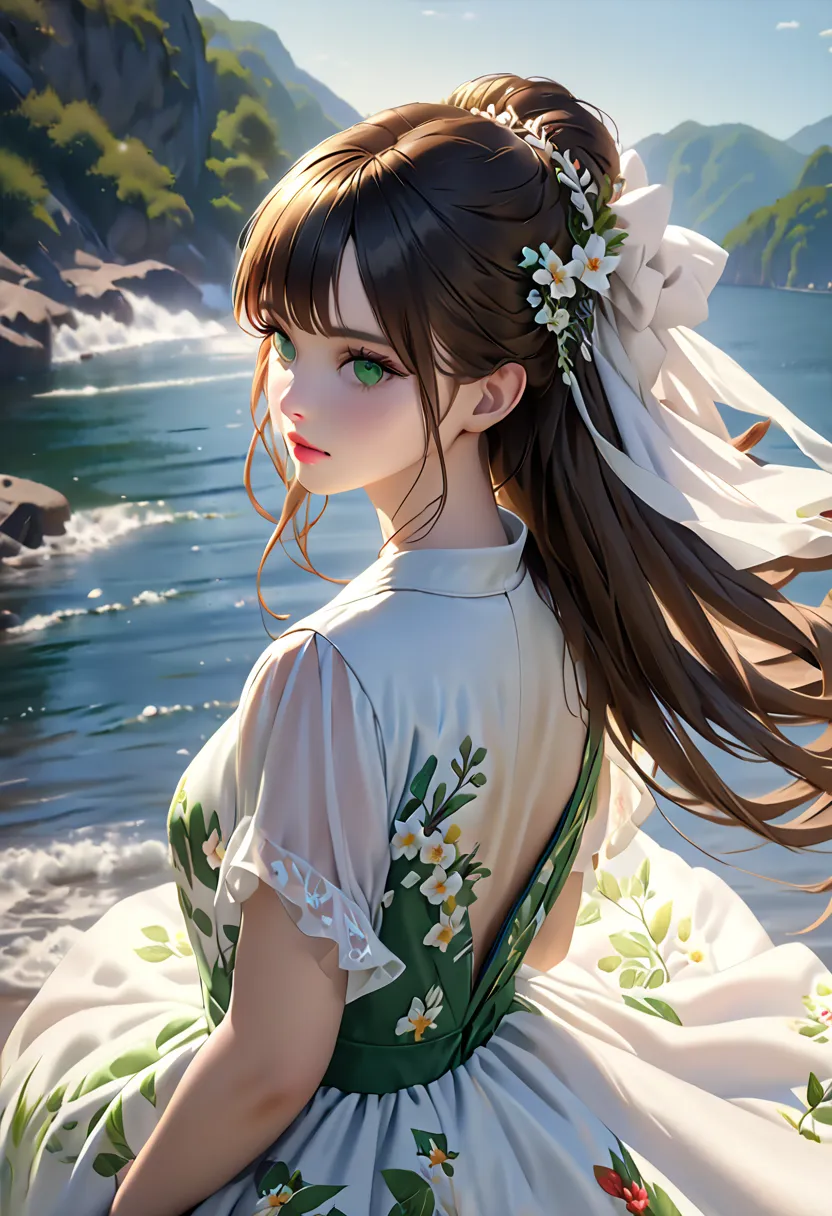 (8k, RAW photo, best quality, masterpiece:1.2), (realistic, photo-realistic:1.37),1 girl,  dress, green eyes, long hair, super detailed cloth, beautiful decoration on  dress,