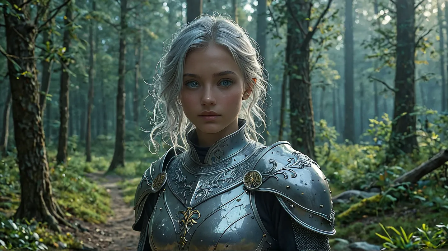 Create a warrior girl with smooth and long silver hair, blue eyes and dressed in medieval silver armor. in front of a fantasy forest in the middle of the night illuminated by the moonlight