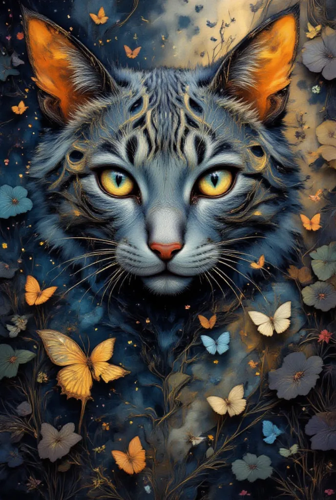 enchanting digital artwork of a cat face with striking blue eyes in a magical fantasy setting, vibrant palette of electric blue, molten gold and fiery orange creating a warm ethereal glow, abstract fluid patterns flowing organically throughout the composit...