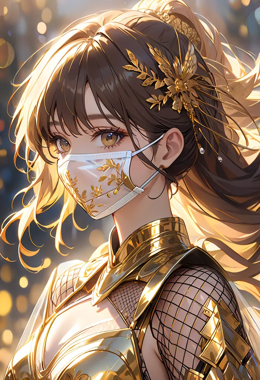  supermodel with long, frizzy, flowing hair drawn in detail, Dressed in gold ( translucent and exquisitely embroidered ) ( metallic surgical mesh mask wearing bikini armor ) hide your face, ((Mouth is hidden)),  wearing Bizarre Future Fashion ,    Luxuriou...