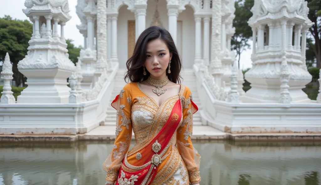 A stunning thai woman visiting the White Temple (Wat Rong Khun) in Chiang Rai, wearing a traditional attire to match its spectacular architecture