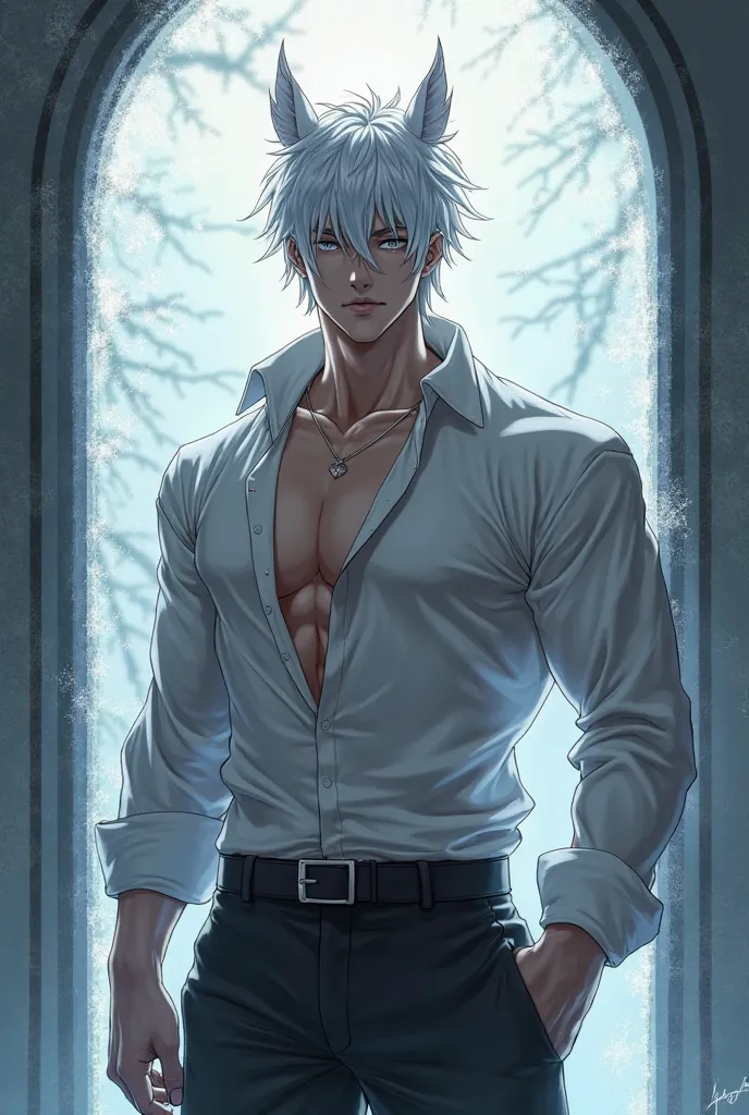 anime nam,  ears, human, white hair, handsome, 6 pack, is cold, standing by the window. 