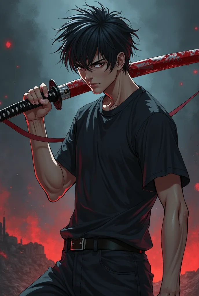 A man whit black hair Messy ,  black T shirt Style pant Holding a katana with blood effect anime version