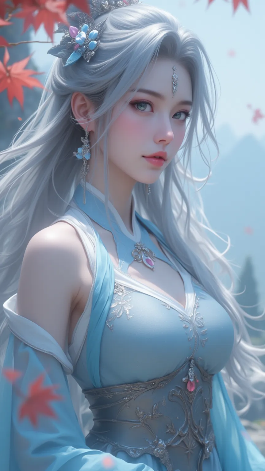 Chinese Fairy Tales character, upper-body, mature woman, cool beauty, living expressions, cold gaze, platinum hair, shiny silky, long hair, earrings, Petals hair ornament, forehead ornament, captivating eyes, aqua eyes, hourglass figure, iridescent various...