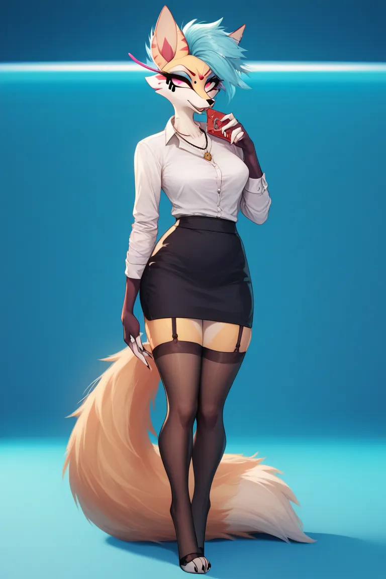 Girl, one, QueenB, woman in a black skirt,  on a white shirt, full body portrait of a short, anthropomorphic furry fox, furry woman, Mohawk hairstyle, airy blue hair,  pink eyes ,  yellow sclera , long lashes, , dripping mascara, striped pink ears, Pixie w...