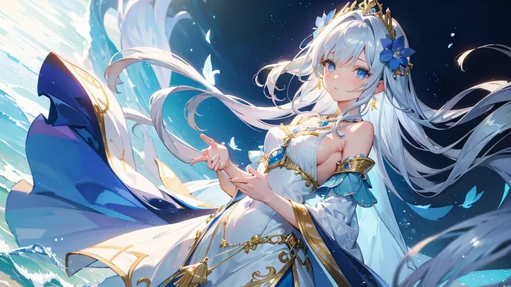 A beautiful anime-style girl with long, silver hair and blue eyes, standing elegantly in an enchanting pose. She wears an elegant white and blue dress with intricate gold details. Her expression is gentle, with a slight blush, and she holds a delicate pend...